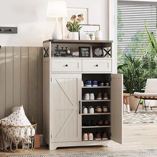 Maupvit Shoe Cabinet with Doors, 6-Tier Farmhouse Shoe Storage Cabinet with 2