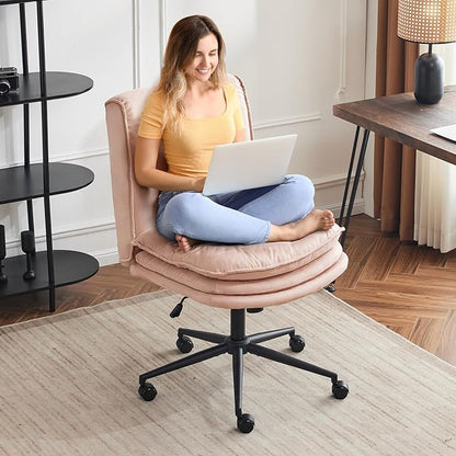 VINGLI Cloud Criss Cross Legged Chair,18" High Back Armless Home Office Desk Chair with Wheels,Wide Adjustable Comfy Padded Seat Task Computer Chair,Modern Swivel Makeup Vanity Chair,Microfiber,Pink