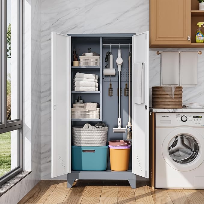 Metal Storage Cabinet with Locking Doors, Broom Closet/Freestanding Bathroom