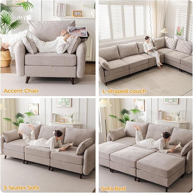 Rexulqo 135'' Modular Sectional Sofa with All Seats Storage,Oversized 4-Seater Comfy Cloud Couches with Deep Seat,Big Couch for Living Room,Bedroom,Velet,Khaki
