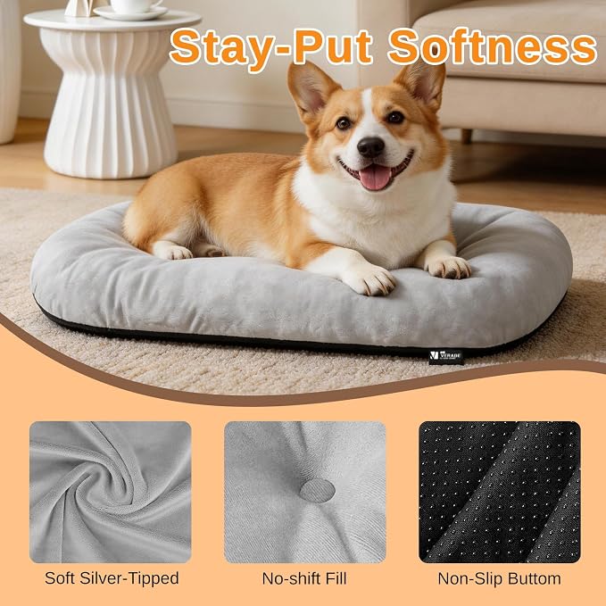 Washable Oval Medium Dog Bed, Silver-Tipped High-Resilience, Light Gray | Non-Slip Bottom Prevents Sliding, Soft Plush Short Fur, Machine Washable, Ideal for Crates/Apartments/Cozy Nooks,29"x18"x2.8"