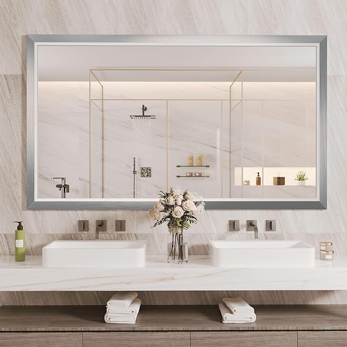 Amorho Bathroom Mirror, 55x32 Inch Silver Thick Metal Framed Wall Mirrors