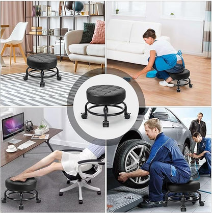 LWADALN Low Roller Seat Low Height Rolling Stool PU Leather Rolling Stool, Modern Rolling Chair for Home Office Garage Shop