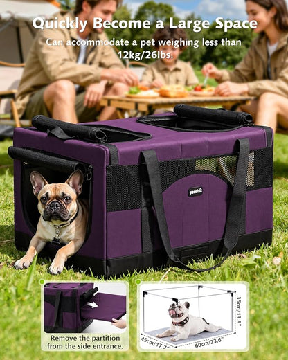 Pecute Cat Carrier, Soft Double Pet Crate for 2 Cats Travel, Purple | 5mm Anti-collapse Frame, Convertible Dual Space, Foldable, Polyester Breathable mesh, Up to 26 lbs, Car Travel & Vet Visits