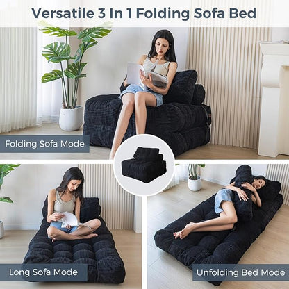 MAXYOYO Folding Sofa Bed, Convertible Sleeper Chair with Pillow Foldable Mattress with Back Support, Portable Fold Out Chair Bed Comfy Floor Sofa Lounge for Living Room Bedroom, Black, Single