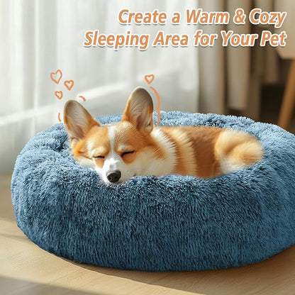 JOLLYVOGUE Calming Dog Beds Large Sized Dog, 36in Donut Washable Large Pet Bed, Anti-Slip & Anti-Anxiety Fluffy Faux Fur Round Dogs Bed, Fits up to 80 lbs Pets (Blue)