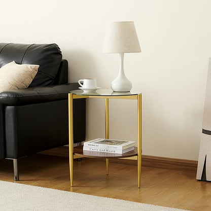 Pine Flicker Round End Table, Mid-Century Modern Design, D20*H23 inch, for Living Room, 2-Tier Structure, Clear Glass Top and Walnut MDF Shelf, Sleek Conical Metal Legs with Gold Finish