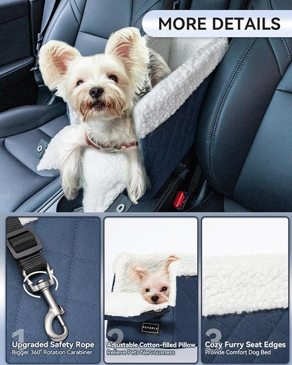 PETSFIT Puppy Car Seat with Washable Cushion, Soft Pillow, Safety Leash | Dual Seat-rail Hooks with Adjustable Straps Help Reduce Shifting, Dog Console Car Seats for Small Dogs Under 8 lbs,Blue