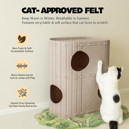 PETKARAY 2-Story Felt Cat House, Large Bed Cave for Indoor Cats, Felt Tunnel Hideaway Condo for Multi-Cat Households, 23.6x22x12 inches, Beige