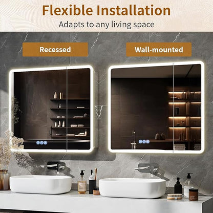 BEAUTYPEAK 36 x 32 LED Bathroom Medicine Cabinet Mirror, Adjustable Shelves