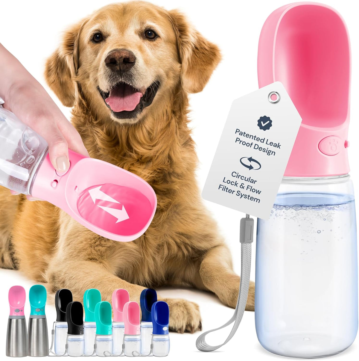MalsiPree Leak-Proof Portable Dog Water Bottle for Travel - 19 oz, with Pink Bowl - Food Grade Plastic - Dog Bowls - Puppy Essentials - Pet Water Bottle