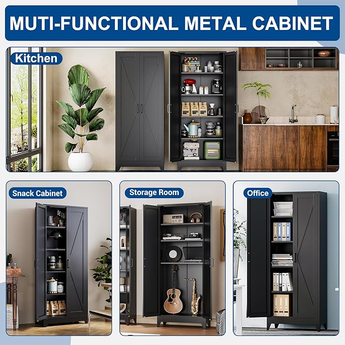 Black Tall Farmhouse Metal Pantry Linen Storage Cabinet and Organizers