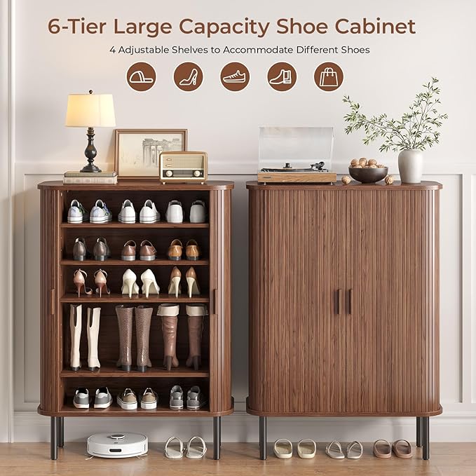 Shoe Storage Cabinet with Adjustable Shelves, 6-Tier Mid-Century Modern Shoe
