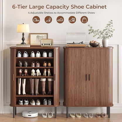 Shoe Storage Cabinet with Adjustable Shelves, 6-Tier Mid-Century Modern Shoe