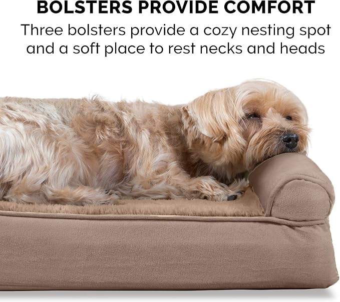 Furhaven Orthopedic Dog Bed for Large Dogs w/ Removable Bolsters & Washable Cover, For Dogs Up to 95 lbs - Plush & Suede Sofa - Almondine, Jumbo/XL