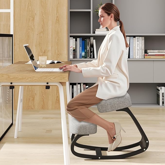 Goplus Ergonomic Kneeling Chair, Rocking Upright Posture Chair with Soft Seat & Knee Pads, Wooden Backless Knee Chair Relieves Neck Back Pain for Home Office Study, Gray and Black