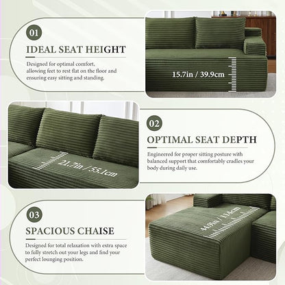 96" Sectional Couches for Living Room Cloud Couch Sofa with L-Shape Upholstered Boneless Couchs Modern Modular Sectional Couch with Chaise (Green, 96" W+Left Facing Chaise+2Seaters)