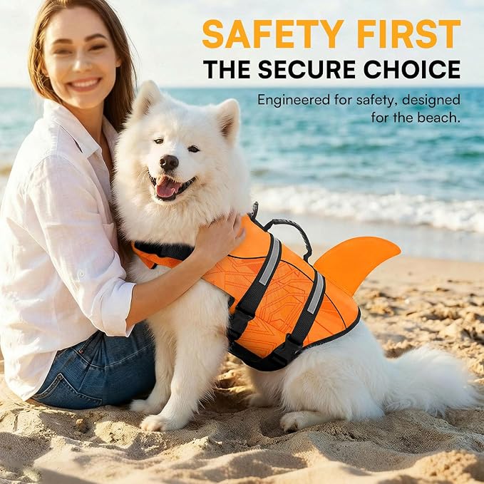 Dog Life Jacket High Flotation, Reflective Dog Life Vest for Swimming, Adjustable Dogs Life Preserver Rescue Handle Spring Summer Pool for Small, Medium, Large Dogs (OrangeLines,S)