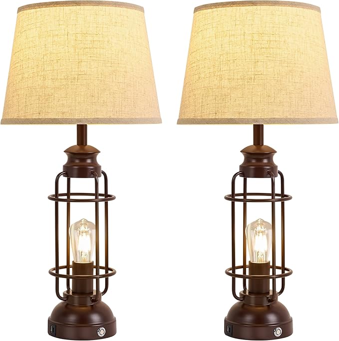 28" Table Lamps for Living Room Set of 2,3 Way Dimmable Touch Lamps with USB A+C Ports,Farmhouse Table Lamps for Bedroom,Industrial Lamp for Living Room End Tables,4 Bulbs Included