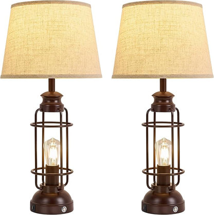 28" Table Lamps for Living Room Set of 2,3 Way Dimmable Touch Lamps with USB A+C Ports,Farmhouse Table Lamps for Bedroom,Industrial Lamp for Living Room End Tables,4 Bulbs Included