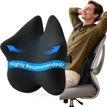 Benazcap Lumbar Pillow, Back Support for Office Chair, Car Seat, Sofa, Travel, Ergonomic Multi-Region Memory Foam & Adjustable Straps, Lower Back Pain Relief and Improved Posture Effectively, Black
