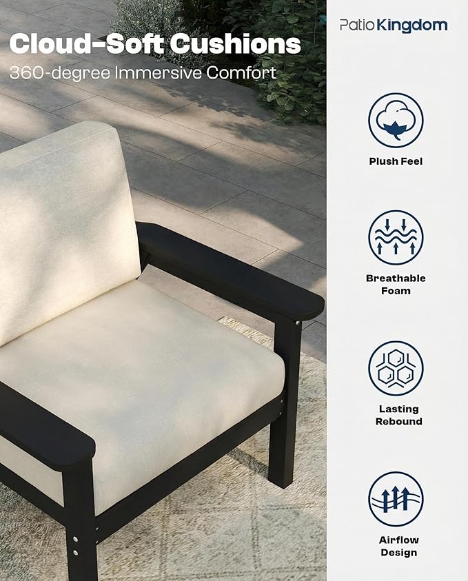 Patio Kingdom 7 Piece Patio Furniture Set, HDPE Outdoor Sectional with Beige Washable Thick Cushions, Coffee Table & Side Table, Patio Conversation Sets for Lawn, Garden, Porch, Balcony (Black Frame)