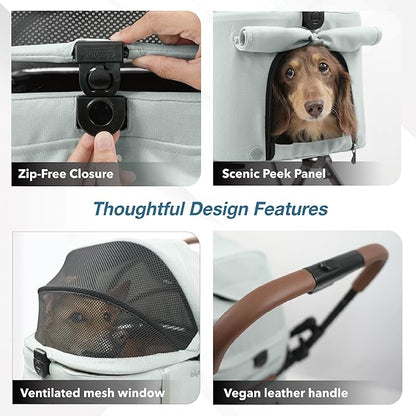 ibiyaya Tinker Pet Stroller for Small Dogs and Cats – 3-in-1 Pet Carrier, Dual-Opening Canopy, No-Flat Wheels, Vegan Leather Handle, Large Storage Basket (Sage Green)
