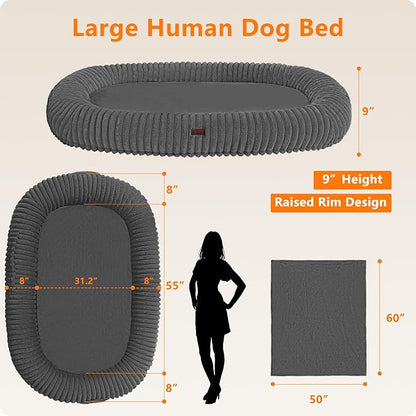 Human Dog Bed for Adult, Orthopedic Gel Memory Foam, 71"x47"x9" | Human Dog Bed Fits Adult & Pets, Reversible Egg-Crate Foam Cushion, Washable Pet Bed with Blanket, Medium Grey