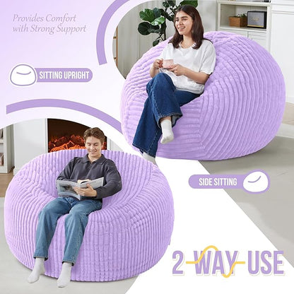Homguava 5 FT Bean Bag Chair,5' Big Bean Bag,Giant Bean Bag Chairs for Adults with Memory Foam Filled,Comfy Large Beanbag Chairs Soft Bean Bag Sofa with Dutch Corded Plush Cover-Purple