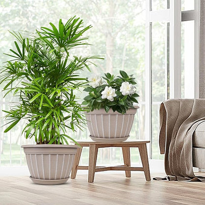 FGstyle 4 Pack 16 inch Plant Pots, Retro Vertical Stripe Planters with Drainage Holes and Saucer, Sturdy Plastic Garden Flower Pots for Indoor & Outdoor Plants(Beige)