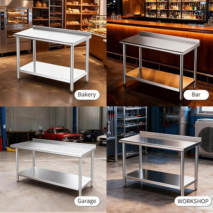 Mioleu Commercial Stainless Steel Table 48 x 24 Inches Heavy Duty Prep & Work Metal Desk with Blacksplash & Adjustable Undershelf for Kitchen Restaurant Home Garage Warehouse