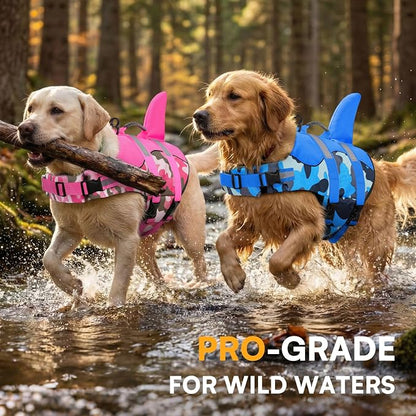 Dog Life Jacket Ripstop Dog Shark Safety Vest Adjustable Preserver with High Buoyancy and Durable Rescue Handle for Small,Medium,Large Dogs, Blue Camouflage Medium