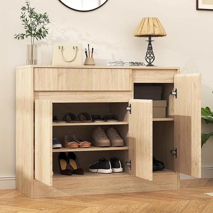 Shoe Cabinet Storage with 3 Doors, Freestanding Shoe Cabinet with Drawer &