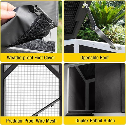 Aivituvin 2-Story Large 39.3" Rabbit Hutch, Opening Roof Bunny Cage with Chew-Proof Ramp, Leak-Proof Tray and Locking Wheels, for 2-4 Rabbits (Black/White)