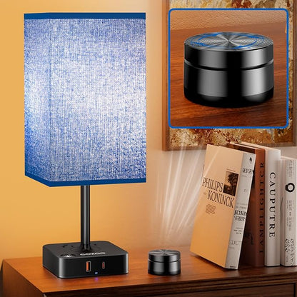 Bedside Lamp & Desk Lamp with Remote, Touch Control, USB-C/A Ports + Outlets | Blue Fabric Shade Nightstand Table Lamp for Bedroom, Living Room Lighting | Cute Modern Boho Lamp with Charging Station