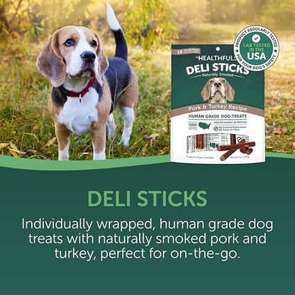 HEALTHFULS Deli Sticks Pork and Turkey Human-Grade Gluten-Free Soft and Chewy Dog Treats, 10 Count Bag