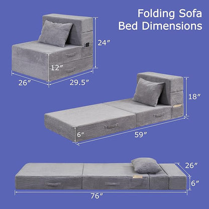 HILERO Folding Sofa Bed, 4 in 1 Convertible Sleeper Chair with Pillow, Single Memory Foam Fold Out Chair Bed, Modern Floor Futon Sofa Couch Mattress for Living Room/Guest/Apartment, Light Gray