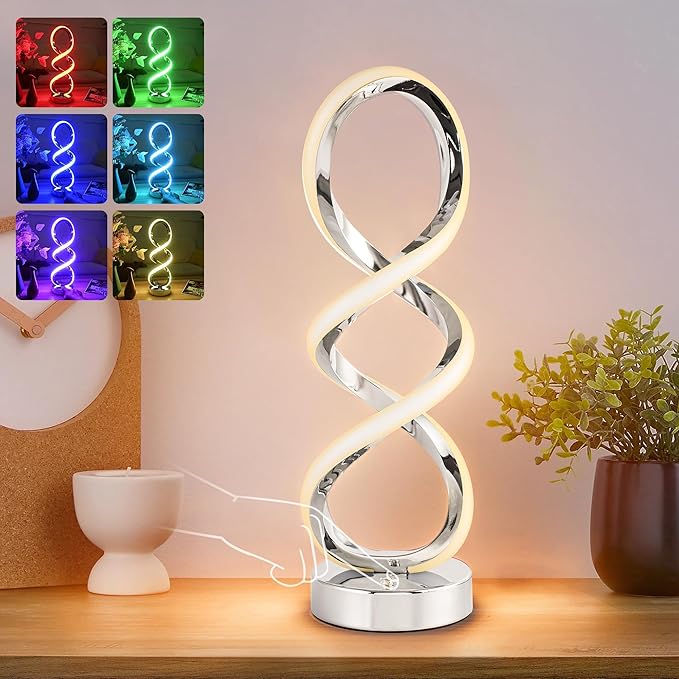 Modern Spiral RGB Table Lamp, Touch Dimmable Bedside Lamp, 7 Colors 10 Light