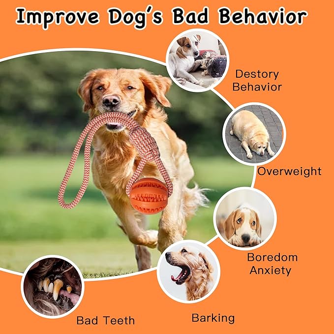 Dog Rope Toy for Medium and Small Dogs, Interactive Puppy Toys Tug of War Toy with Rubber Ball, Durable Outdoor Puppy Chew Toys for Teeth Cleaning, Fetch & Training (Orange)