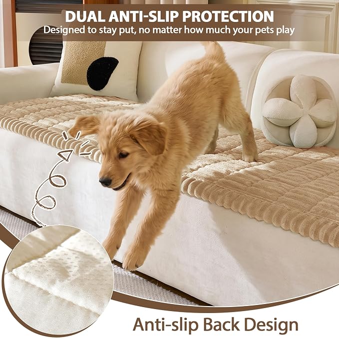 FUANGUI 2 Pack Waterproof Couch Cover for Dogs Pets Sofa Protector | Non-Slip Washable Fuzzy Soft Sofa Slipcover for 2 PCS L Shaped Sofa Pet Friendly, 27.6" x 59.1"+27.6" x 70.9",Khaki