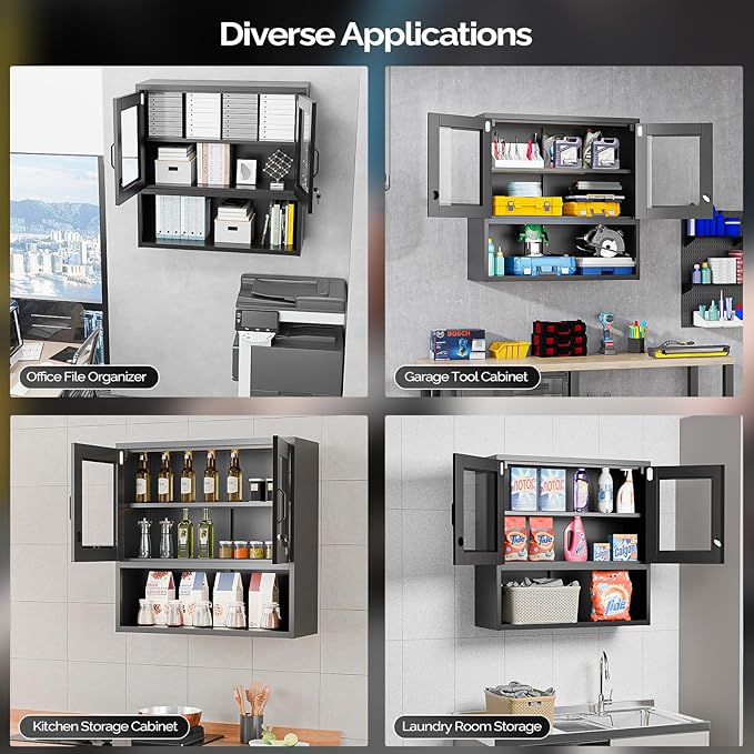 VINGLI Metal Wall Cabinet with Locking Glass Doors & Magnetic LED Sensor Light