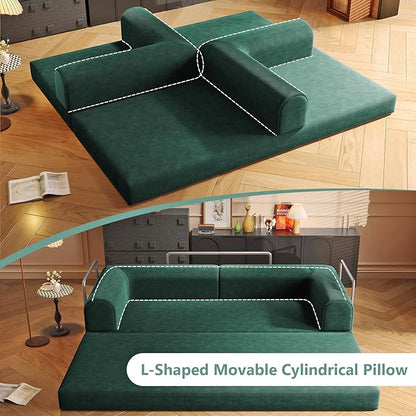 Convertible Sleeper Sofa Bed Boneless Cloud Comfort Green Futon Couch for Lounging & Sleeping, Removable & Washable Corduroy Sofa Cover, Floor Sofa Folding Mattress for Guests, Small Space