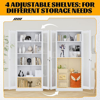 Metal Storage Cabinet with Lock and Glass Doors, Locking Curio Cabinets with 5