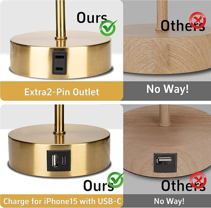 Bedside Table Lamp for Bedroom - 3 Way Dimmable Touch Lamp USB C Charging Ports and AC Outlet, Gold Base Round Flaxen Fabric Shade for Living Room, Desk, LED Bulb Included(Gold Touch Control)