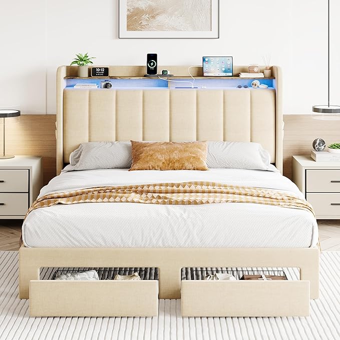 SHA CERLIN Queen Platform Bed Frame with Vertical Channel Tufted Wingback Headboard & 2 Storage Drawers/2-Tier Shelves with LED Lights & Charging Station/Noise-Free/No Box Spring Needed/Beige