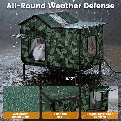 Heated Cat House for Outside in Winter, Weatherproof & Insulated Large Cat Shelter with Heated Cat Bed and 2 Safe Escape Doors for Multiple Stray/Feral Cats(Leaf Pattern, 27.6"x19.3"x21.3")