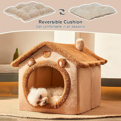 Cute Small Dog House Indoor,Foldable House Kennel Bed with Cushion,Brown | L Size Tent for 11-16 lb Dogs and 18-22 lb Cats, Dog Cave Bed with Non-Slip Bottom, Soft Cozy Dog Cave Bed