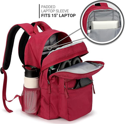 ZORFIN 26L Backpack for College, and Travel: Water Resistant Bookbag - Russet Red