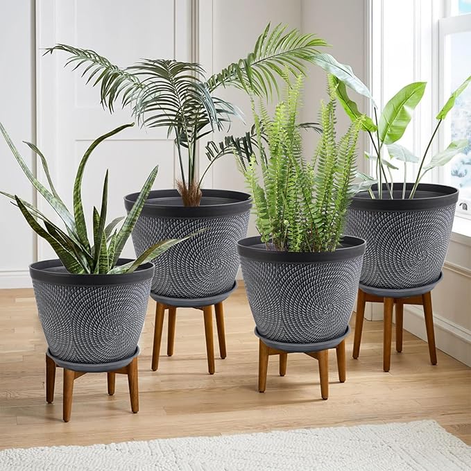 Quarut 4 Pack 15 Inch Large Planter Pot for Plants Outdoor Indoor, Plastic Flower Pots with Drainage Hole & Saucer, Modern Decorative Medium Large Plant Garden Pot, Plant Container for House (Gray)