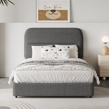HOMBCK Twin Bed Frames, Upholstered Twin Bed Frame with Rounded Headboard, Soft Modern Twin Size Boucle Bed Frame with Thickened Footboard, Rounded Corners, No Box Spring Needed, Easy Assembly, Grey